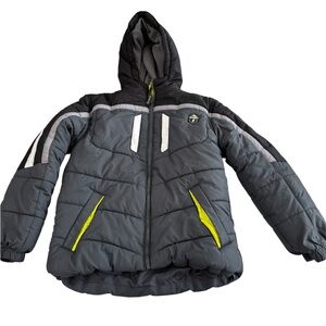 Protection System Gray Hooded Puffer Jacket with Yellow Accents
